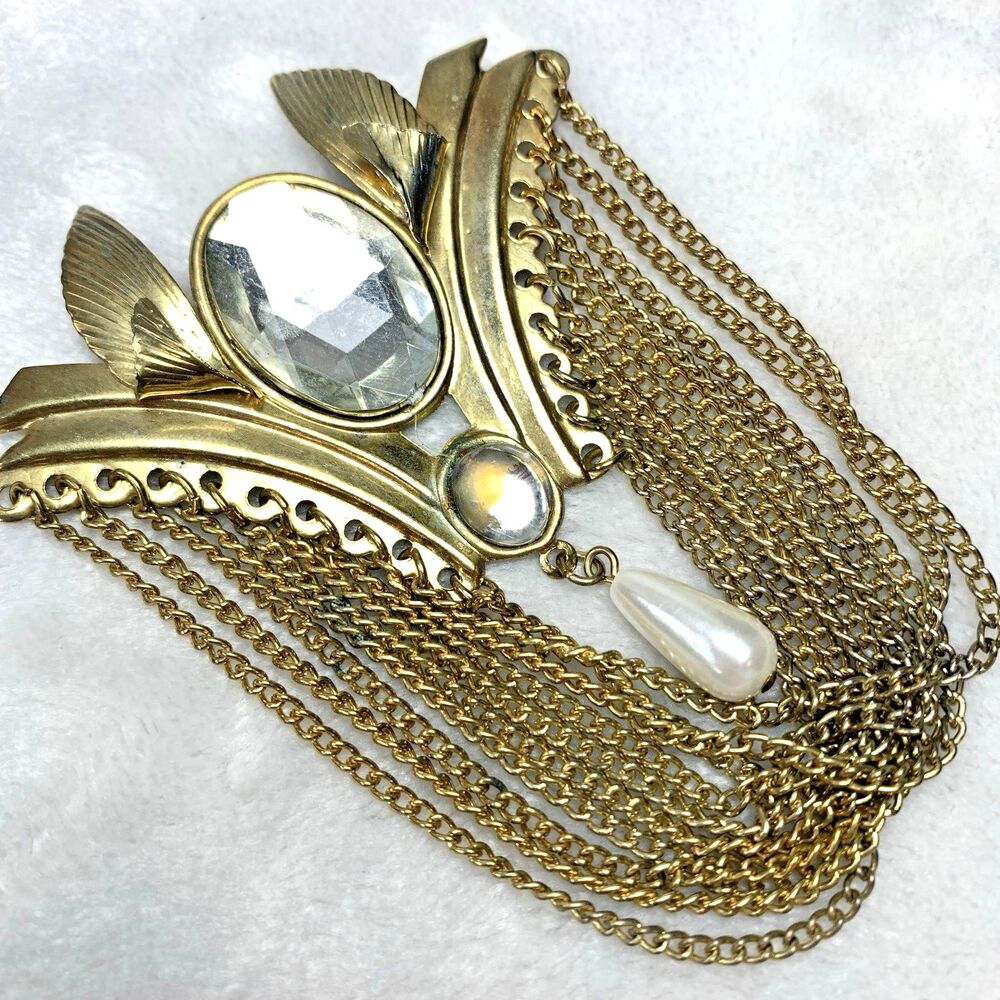 Vintage 1960s Egyptian Revival Rhinestone Statement Brooch Gold Tone Fringe 4"